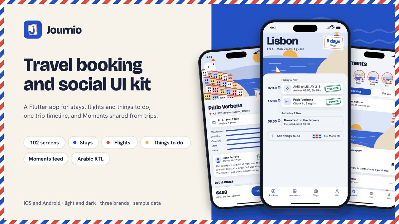 Journio - Travel Booking & Social Flutter UI Kit preview